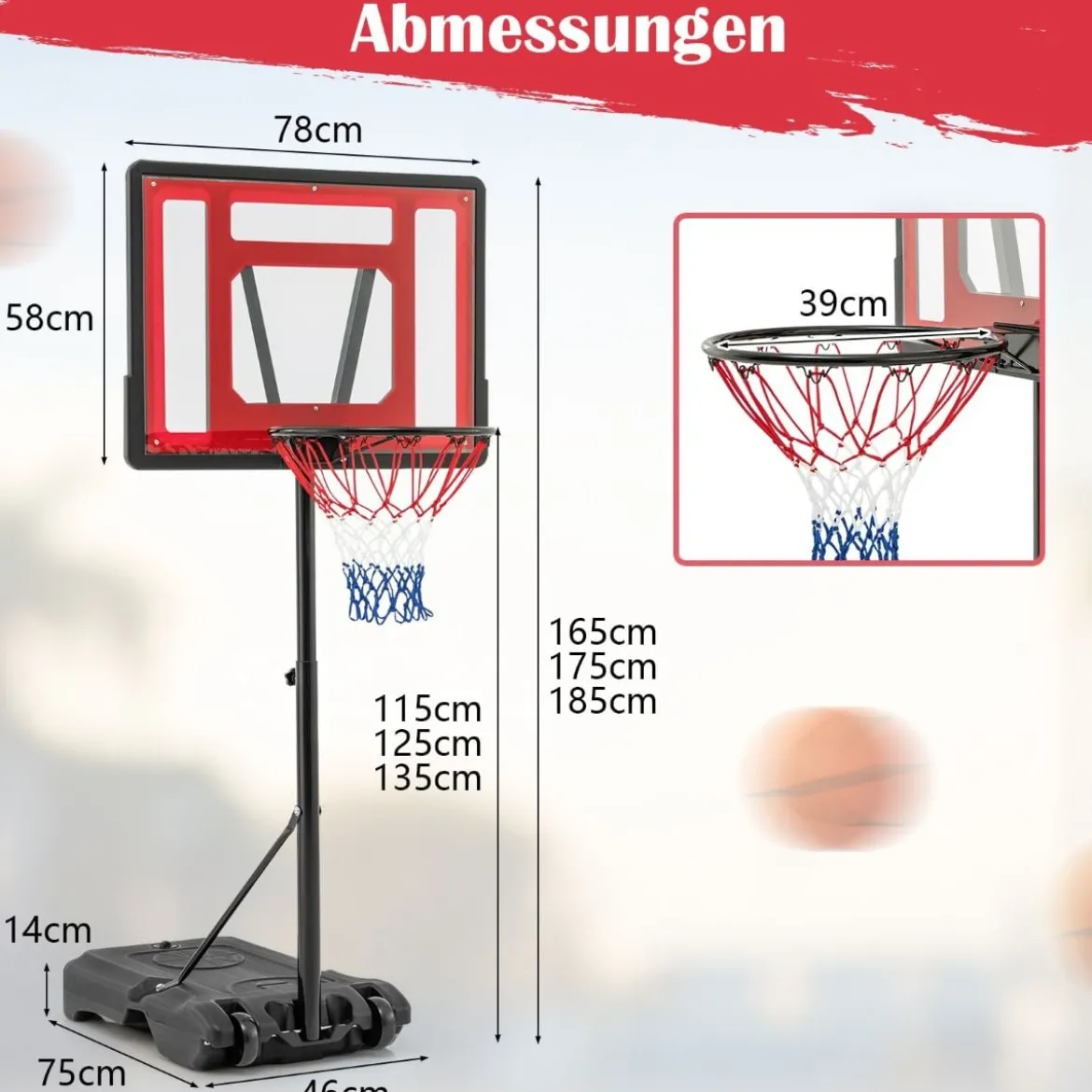 Pool Basketballkorb outdoor Basketballständer 115-135 cm höhenverstellbar Rot