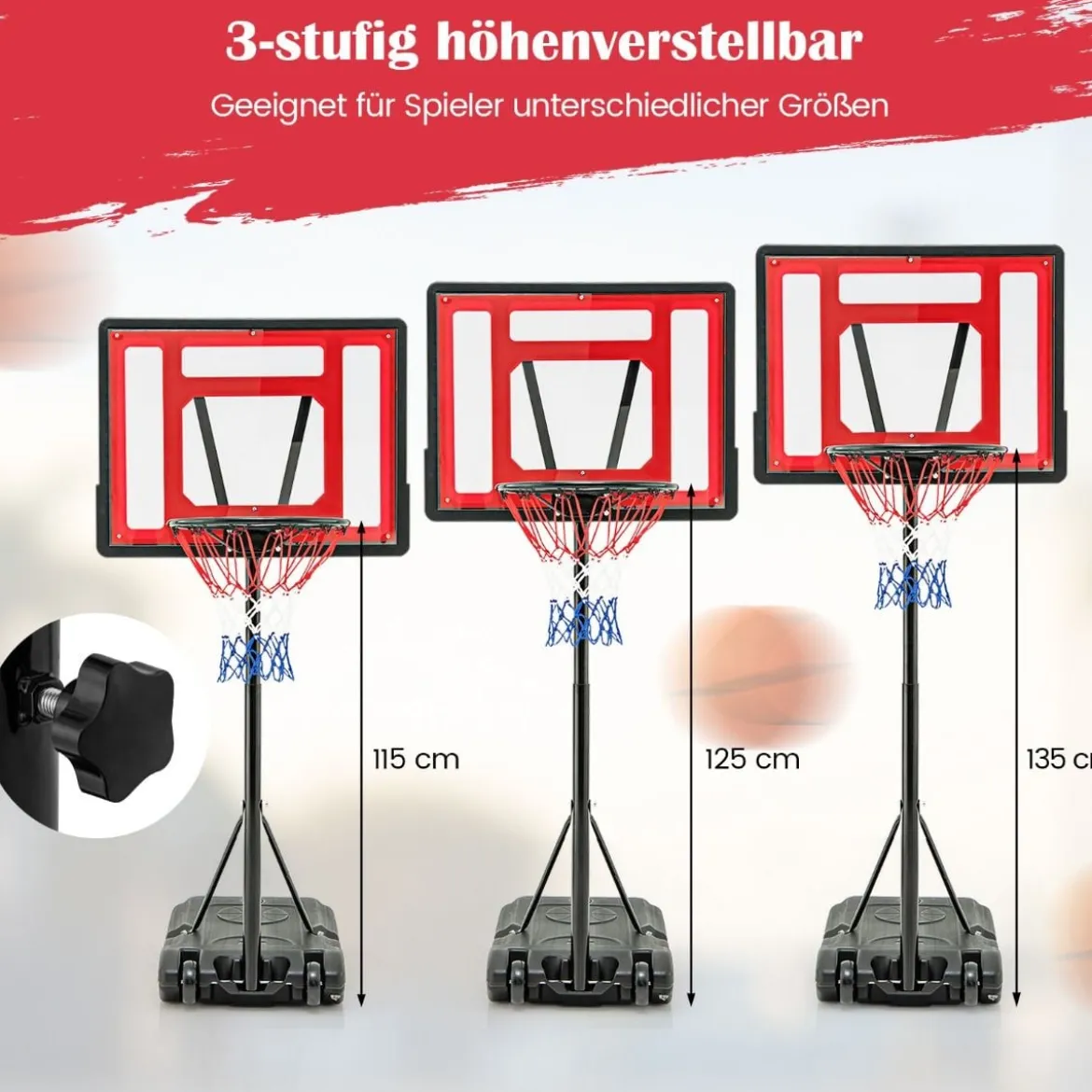 Pool Basketballkorb outdoor Basketballständer 115-135 cm höhenverstellbar Rot