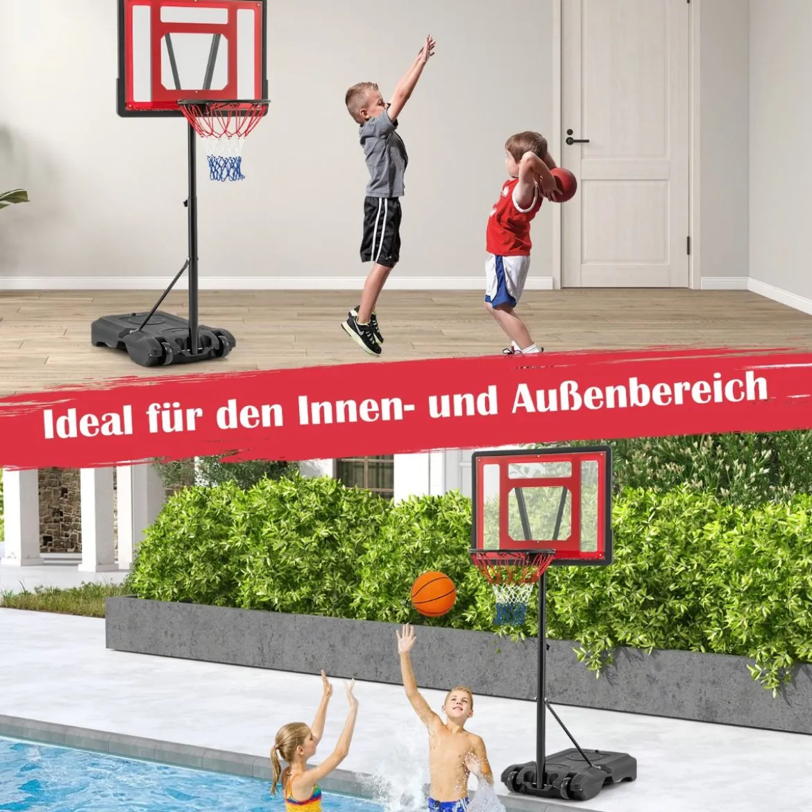 Pool Basketballkorb outdoor Basketballständer 115-135 cm höhenverstellbar Rot