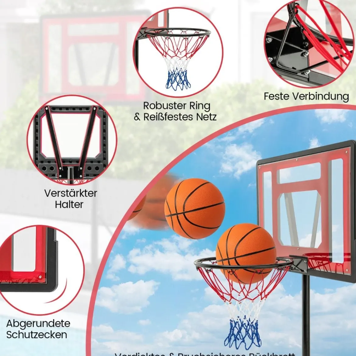 Pool Basketballkorb outdoor Basketballständer 115-135 cm höhenverstellbar Rot