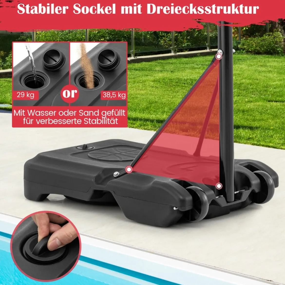 Pool Basketballkorb outdoor Basketballständer 115-135 cm höhenverstellbar Rot