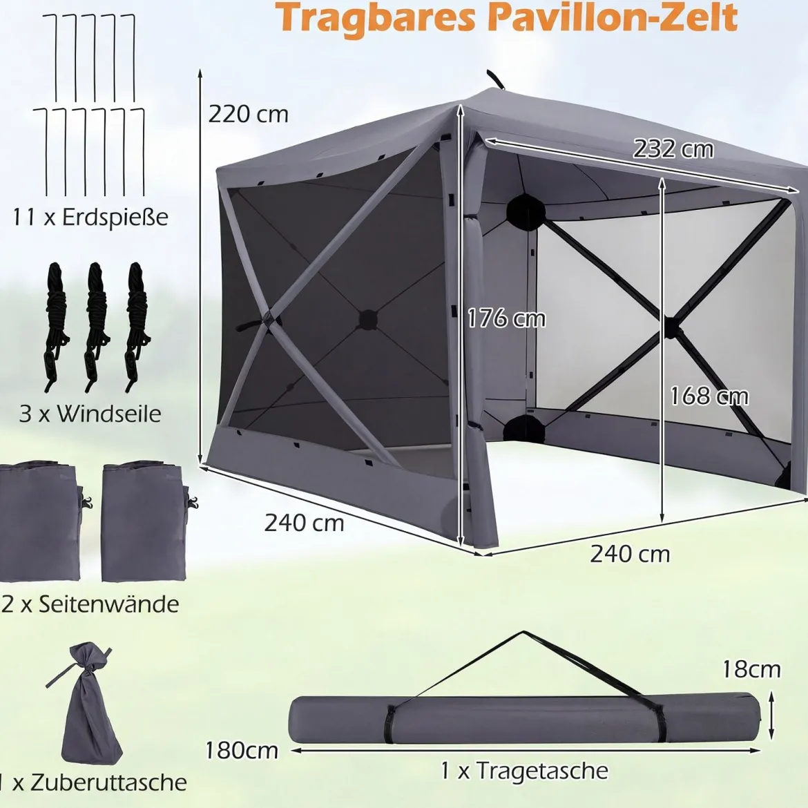 Pop-Up Faltpavillon Sonnenschutz Pavillon mit Abnehmbaren Seitenwänden 240 x 240 x 220 cm