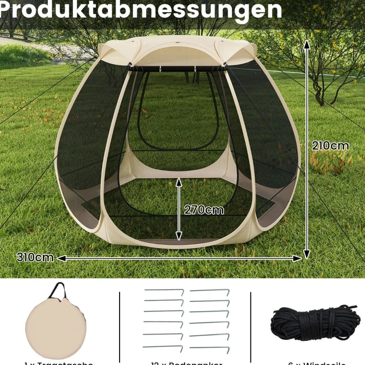 Pop-up-Mesh-Pavillon für 4–6 Personen 310 x 270 cm faltbares Outdoor-Campingzelt mit Rundum-Mesh