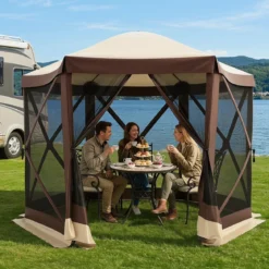 Pop-up Pavillon für 6-8/4-6 Personen Faltpavillon mit 6 Moskitonetzen & Reißverschlusstür 6-Seitiger Gartenpavillon