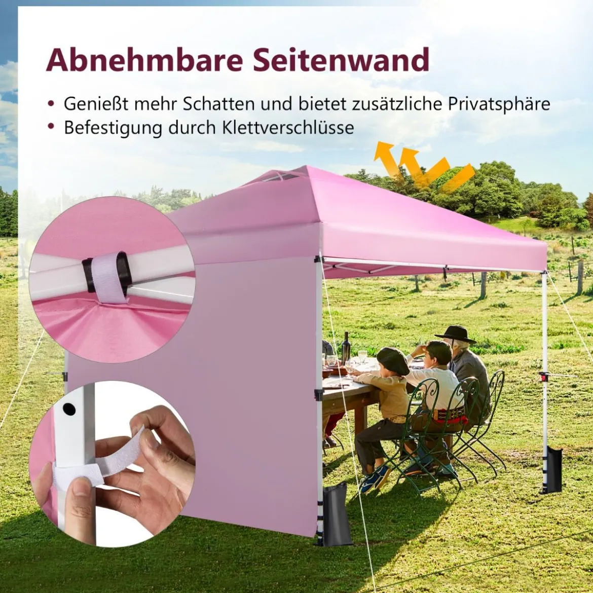 Pop Up Pavillon 3 m x 3 m Aufklappbares Vordach mit Seitenwand Rosa