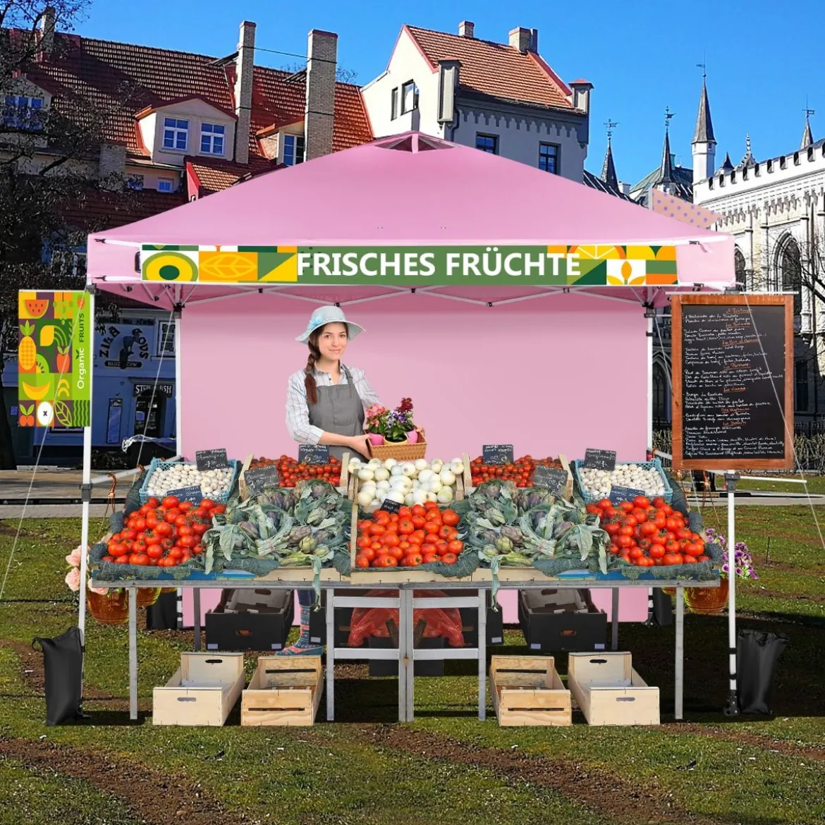 Pop Up Pavillon 3 m x 3 m Aufklappbares Vordach mit Seitenwand Rosa
