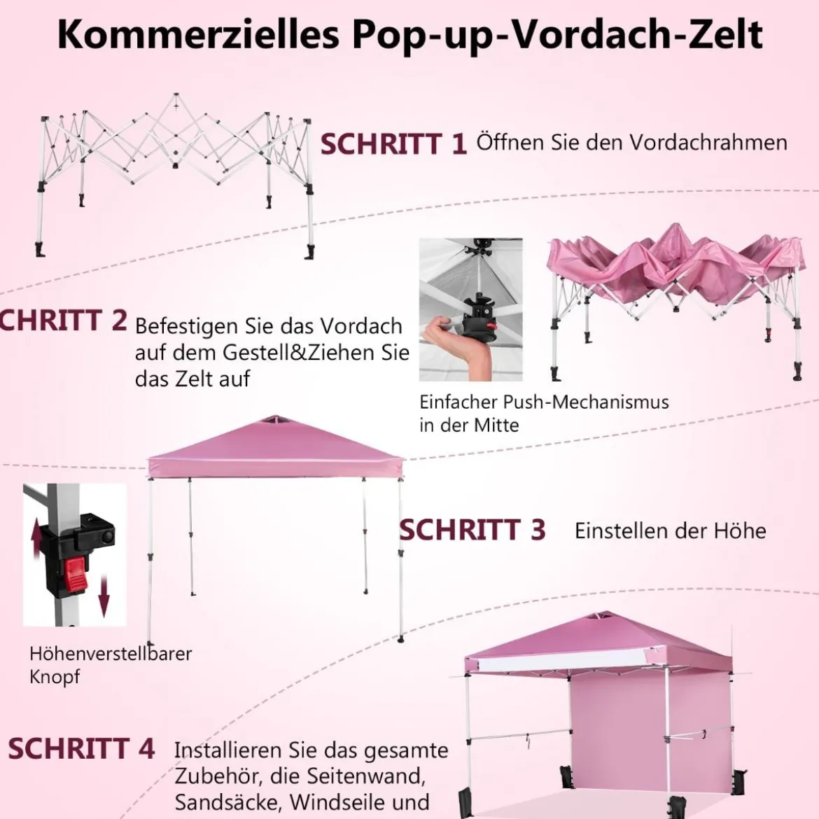 Pop Up Pavillon 3 m x 3 m Aufklappbares Vordach mit Seitenwand Rosa