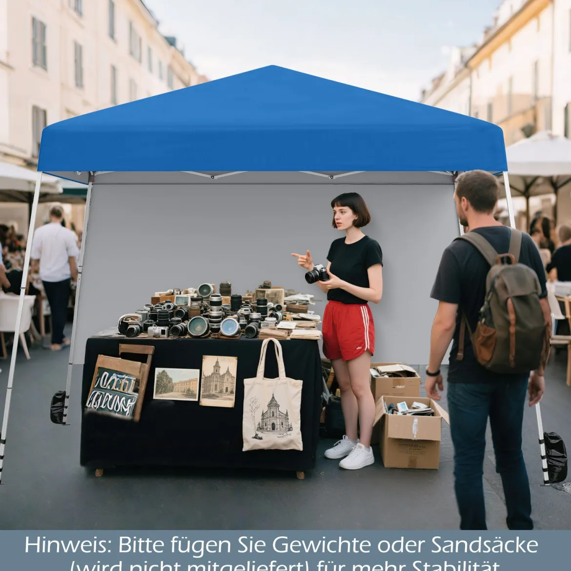Pop up Pavillon 3 x 3 m Faltpavillon mit 1 Seitenwand & tragbarem Rucksack & 4 Erdankern Gartenpavillon Partyzelt für Garten Party Blau