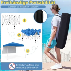 Pop up Pavillon 3 x 3 m Faltpavillon mit 1 Seitenwand & tragbarem Rucksack & 4 Erdankern Gartenpavillon Partyzelt für Garten Party Blau