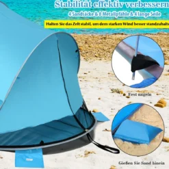 Pop Up Strandmuschel 3-4 Personen Strandzelt Sonnenschutz Wurfzelt für Outdoor Blau