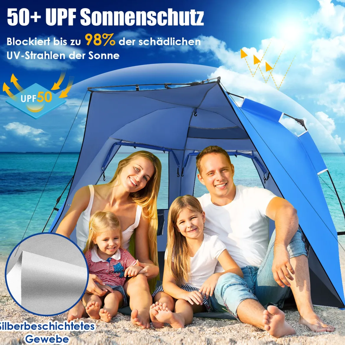 Pop Up Strandzelt für 3-4 Personen UPF 50+ Sonnenschutz Campingzelt 252 x 127 x 132 cm Blau