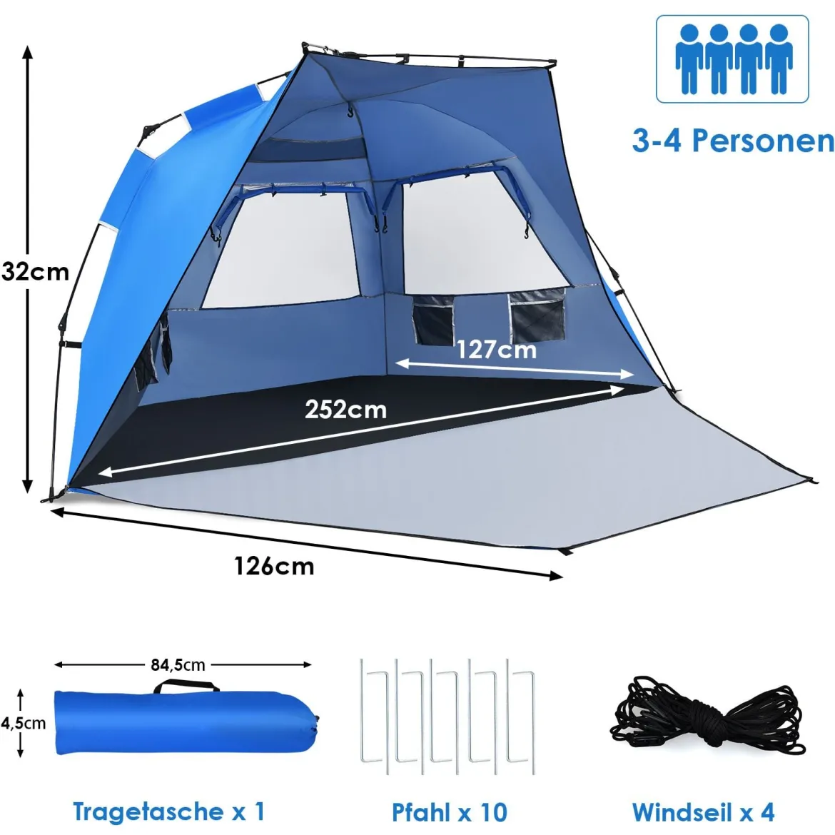 Pop Up Strandzelt für 3-4 Personen UPF 50+ Sonnenschutz Campingzelt 252 x 127 x 132 cm Blau
