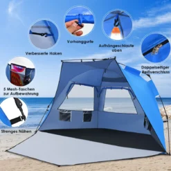 Pop Up Strandzelt für 3-4 Personen UPF 50+ Sonnenschutz Campingzelt 252 x 127 x 132 cm Blau