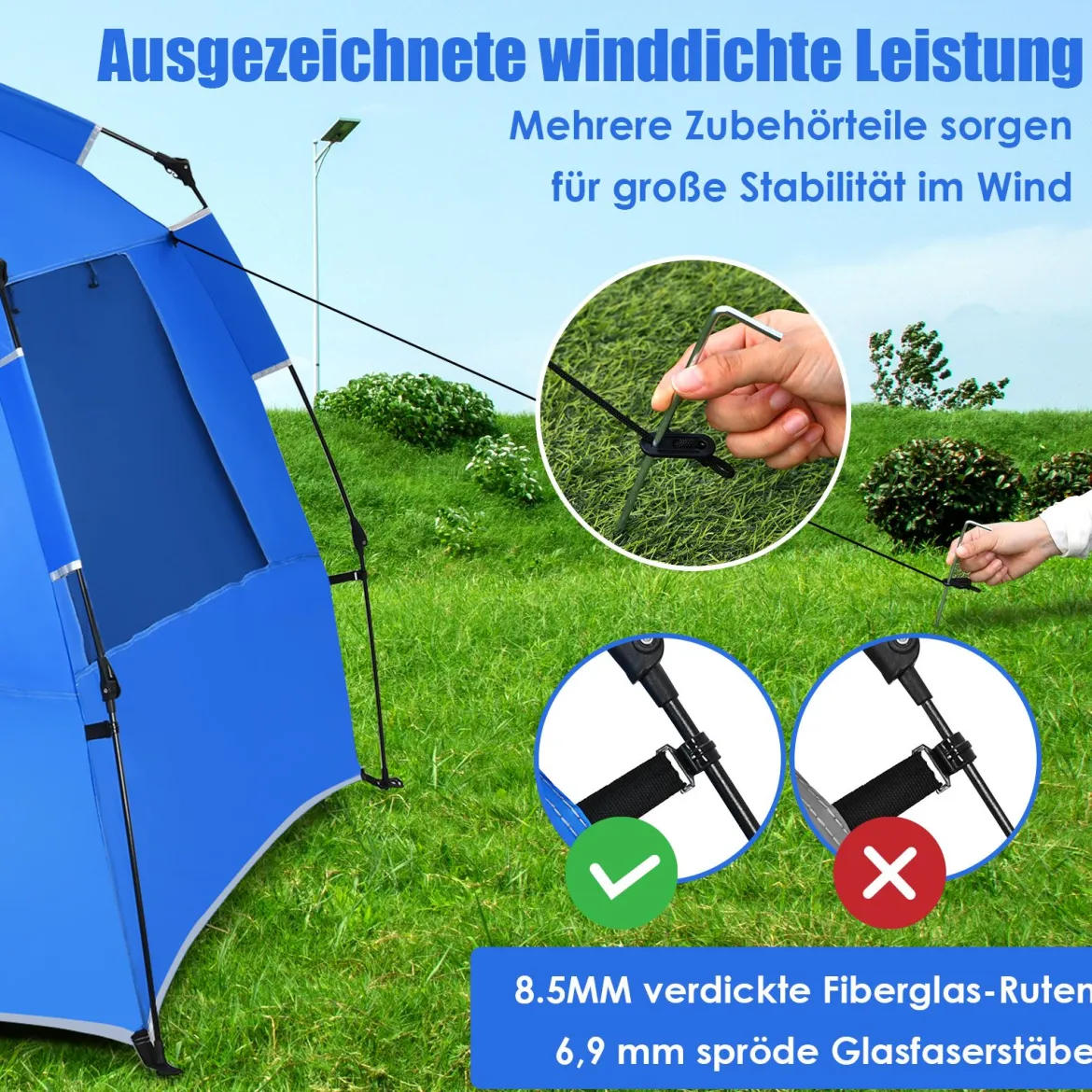 Pop Up Strandzelt für 3-4 Personen UPF 50+ Sonnenschutz Campingzelt 252 x 127 x 132 cm Blau