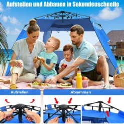 Pop Up Strandzelt für 3-4 Personen UPF 50+ Sonnenschutz Campingzelt 252 x 127 x 132 cm Blau