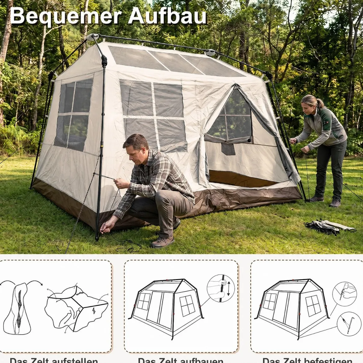 Pop-Up Zelt für 4 Personen Faltbares Campingzelt mit 4 Mesh‑Fenstern und 2 Dachfenstern 275 x 245 x 188 cm