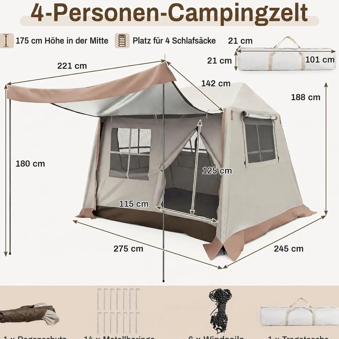 Pop-Up Zelt für 4 Personen Faltbares Campingzelt mit 4 Mesh‑Fenstern und 2 Dachfenstern 275 x 245 x 188 cm