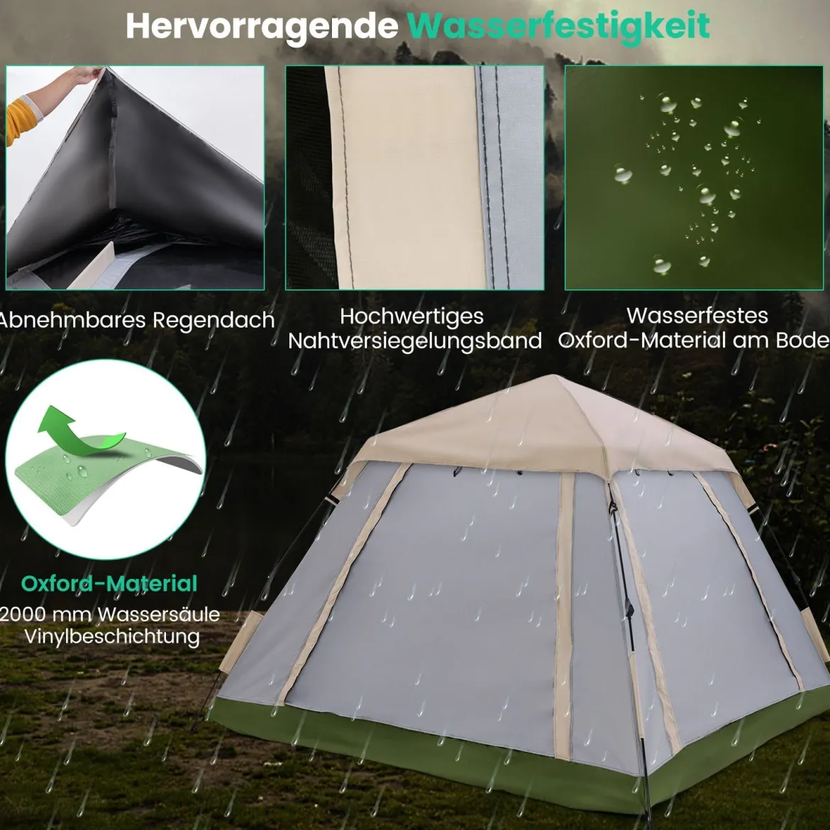 Pop-up Zelt für 2-4 Personen mit Abnehmbarem Regenverdeck & 2 Moskitofenstern & 2 Reißverschlusstüren