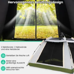 Pop-up Zelt für 2-4 Personen mit Abnehmbarem Regenverdeck & 2 Moskitofenstern & 2 Reißverschlusstüren