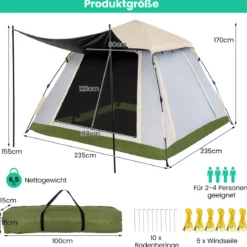 Pop-up Zelt für 2-4 Personen mit Abnehmbarem Regenverdeck & 2 Moskitofenstern & 2 Reißverschlusstüren