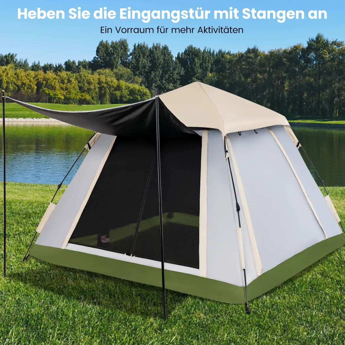 Pop-up Zelt für 2-4 Personen mit Abnehmbarem Regenverdeck & 2 Moskitofenstern & 2 Reißverschlusstüren