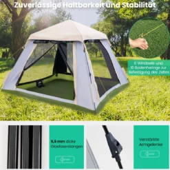 Pop-up Zelt für 2-4 Personen mit Abnehmbarem Regenverdeck & 2 Moskitofenstern & 2 Reißverschlusstüren