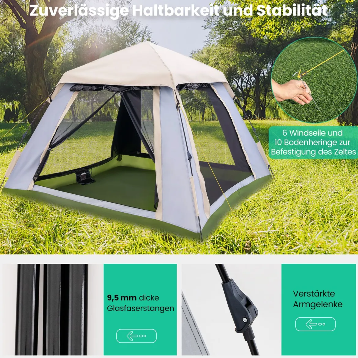 Pop-up Zelt für 2-4 Personen mit Abnehmbarem Regenverdeck & 2 Moskitofenstern & 2 Reißverschlusstüren