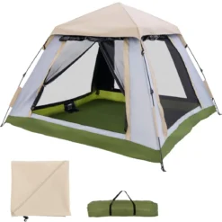 Pop-up Zelt für 2-4 Personen mit Abnehmbarem Regenverdeck & 2 Moskitofenstern & 2 Reißverschlusstüren