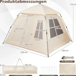 Pop Up Zelt für 4 Personen Wasserfestes Wurfzelt mit 2 Meshtüren & 4 Netzfenster Familienzelt mit Lampenhaken