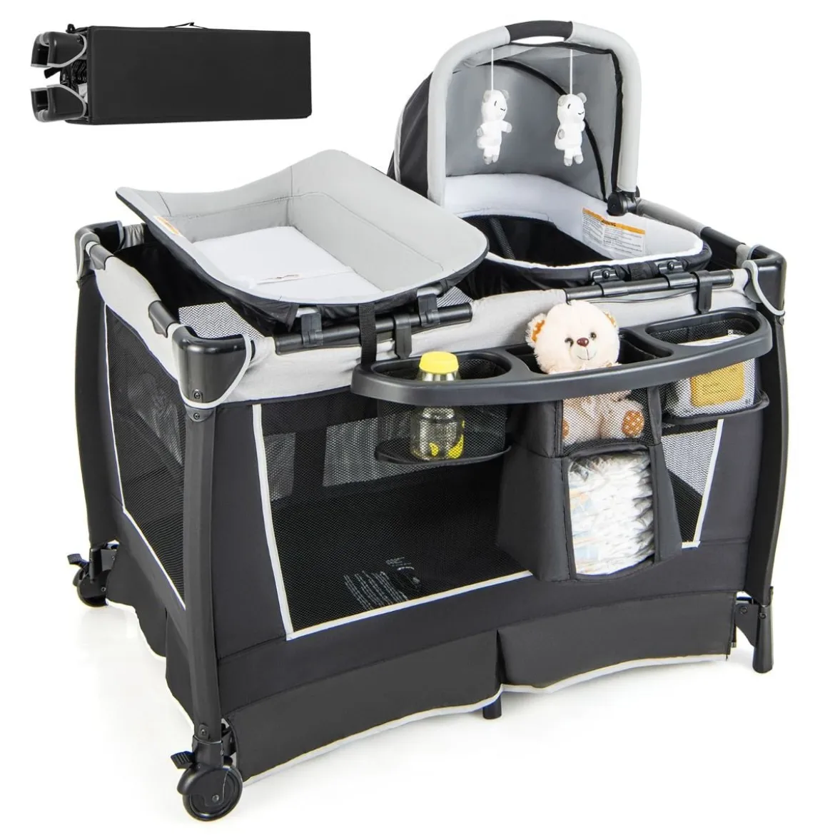 Portables Baby Reiselaufgestell 4-in-1 mit Kinderkörbchen 103 x 72,5 x 73,5 cm Grau
