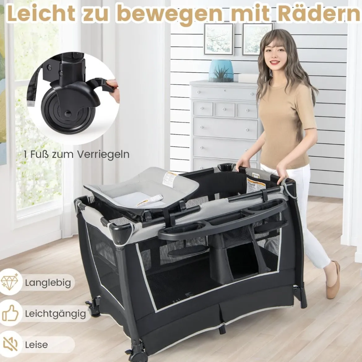 Portables Baby Reiselaufgestell 4-in-1 mit Kinderkörbchen 103 x 72,5 x 73,5 cm Grau