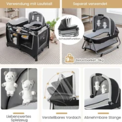 Portables Baby Reiselaufgestell 4-in-1 mit Kinderkörbchen 103 x 72,5 x 73,5 cm Grau