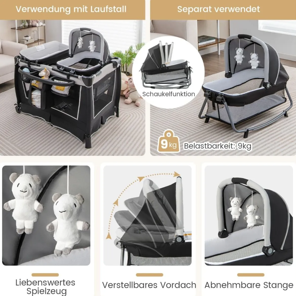Portables Baby Reiselaufgestell 4-in-1 mit Kinderkörbchen 103 x 72,5 x 73,5 cm Grau