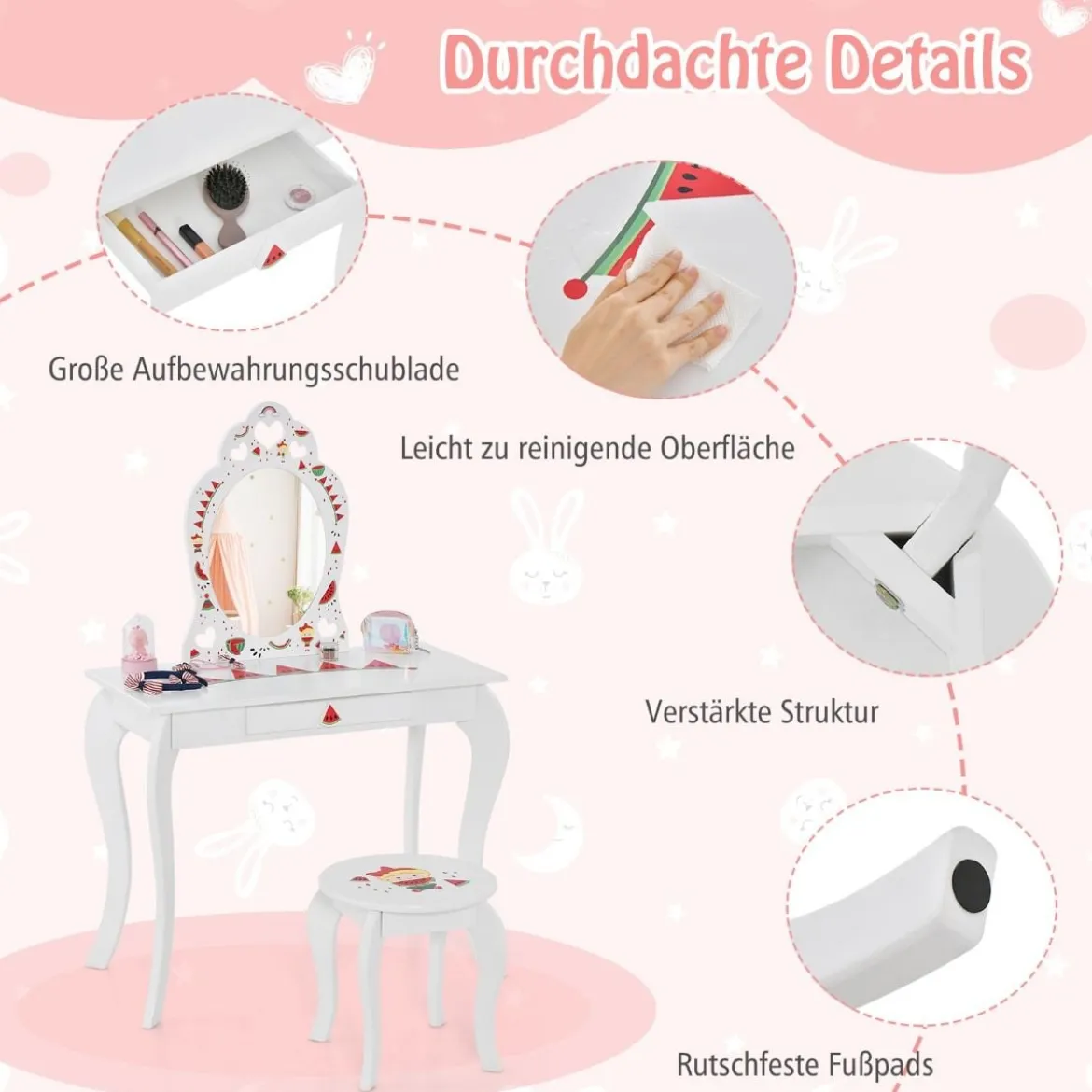 Prinzessin Schminktisch-Set 2-in-1 Kinder Schminktisch mit abnehmbarem Spiegel Weiß