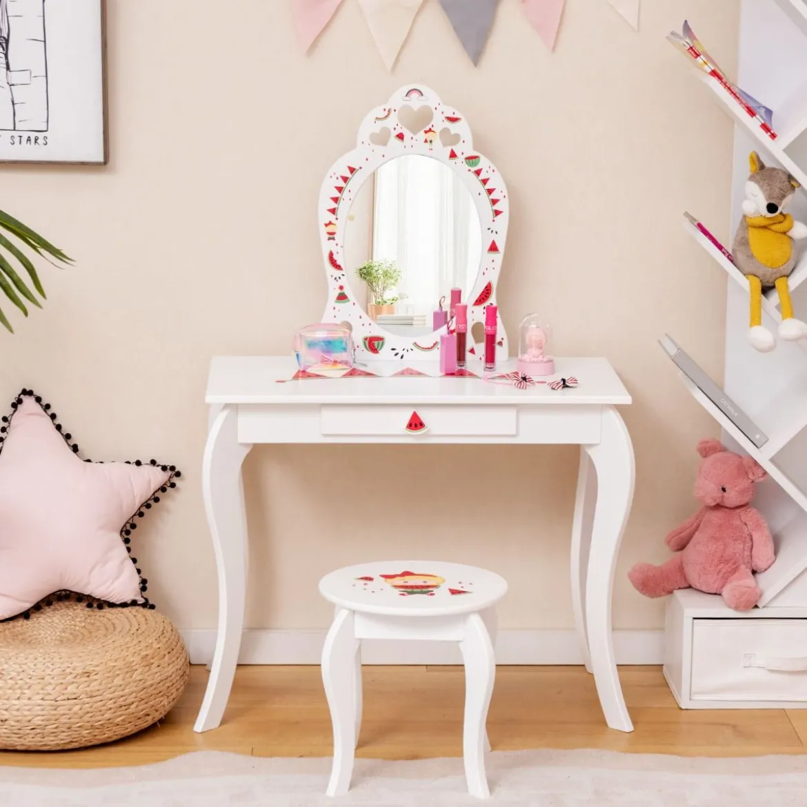 Prinzessin Schminktisch-Set 2-in-1 Kinder Schminktisch mit abnehmbarem Spiegel Weiß
