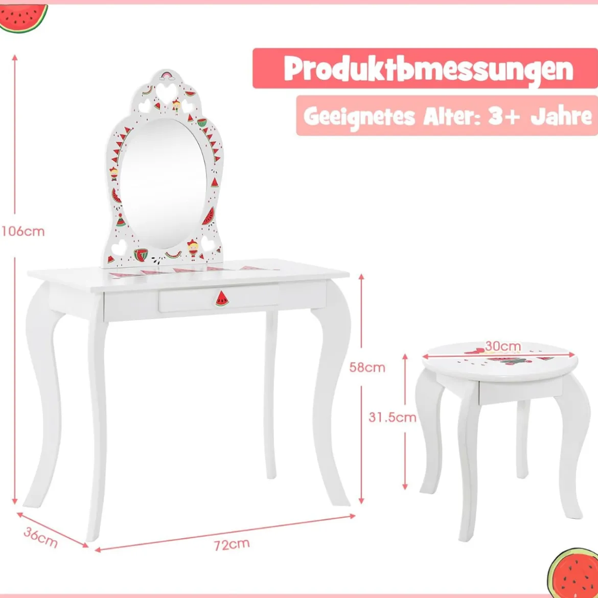 Prinzessin Schminktisch-Set 2-in-1 Kinder Schminktisch mit abnehmbarem Spiegel Weiß