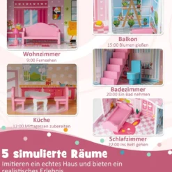 Puppenhaus aus Holz mit 3 Etagen & 10 Möbel & 5 Zimmern Puppenstube Traumhaus Rosa