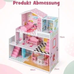 Puppenhaus aus Holz mit 3 Etagen & 10 Möbel & 5 Zimmern Puppenstube Traumhaus Rosa