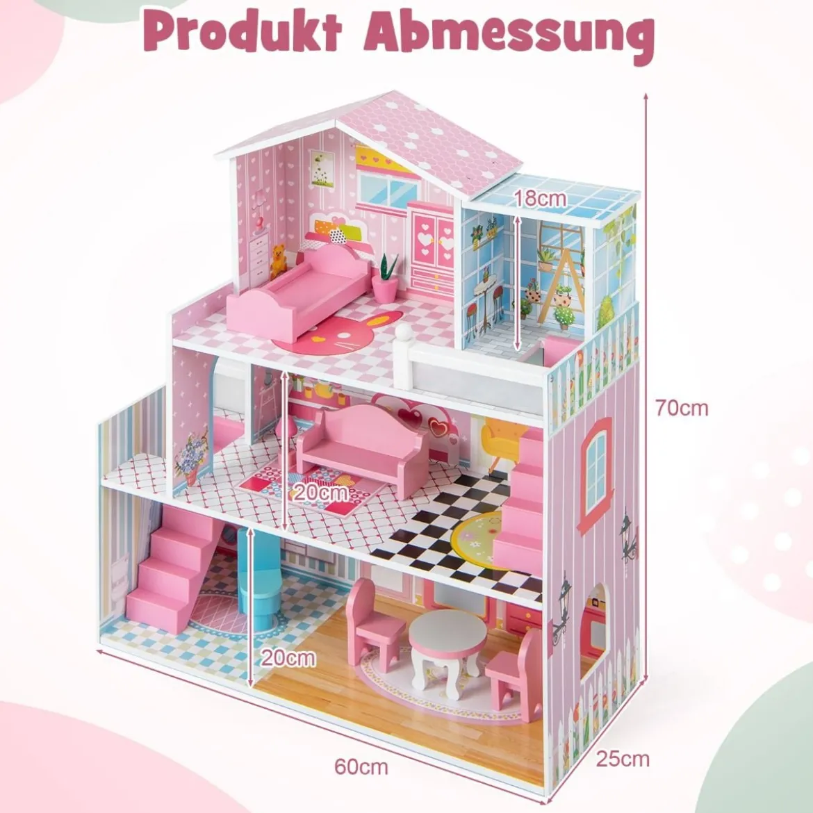 Puppenhaus aus Holz mit 3 Etagen & 10 Möbel & 5 Zimmern Puppenstube Traumhaus Rosa