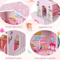 Puppenhaus aus Holz mit 3 Etagen & 10 Möbel & 5 Zimmern Puppenstube Traumhaus Rosa