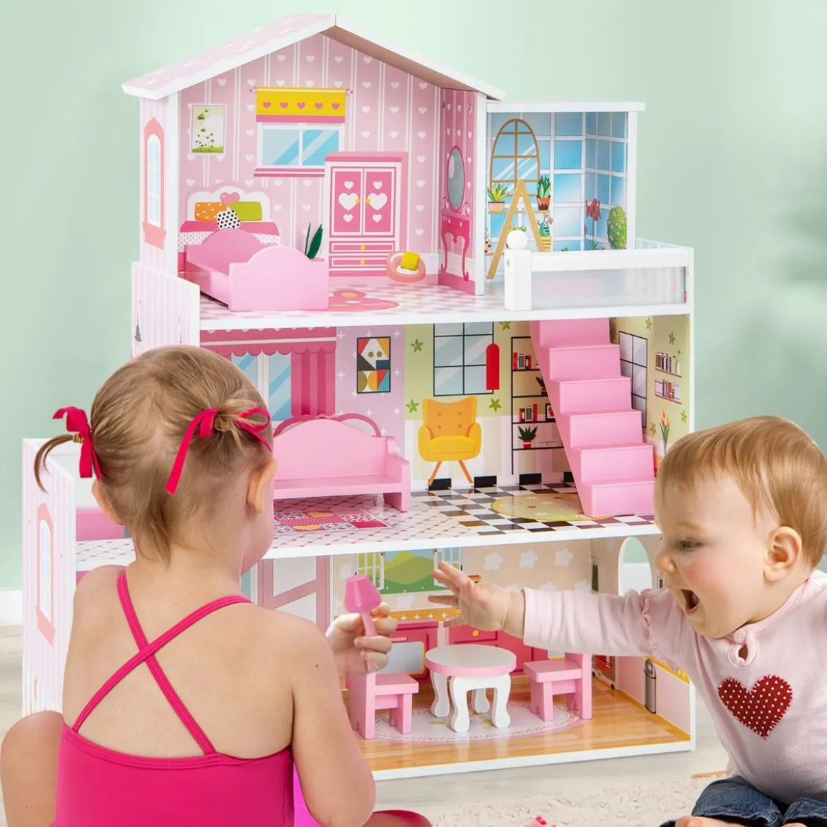 Puppenhaus aus Holz mit 3 Etagen & 10 Möbel & 5 Zimmern Puppenstube Traumhaus Rosa