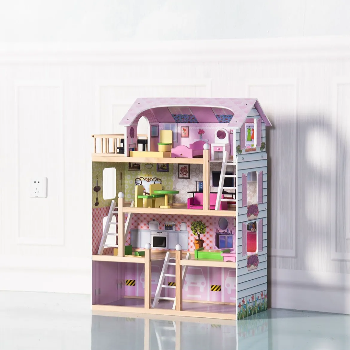 Puppenhaus 4 Etagen Puppenstube Barbie Haus mit Möbeln Holz 60,5 x 29.5 x 81 cm