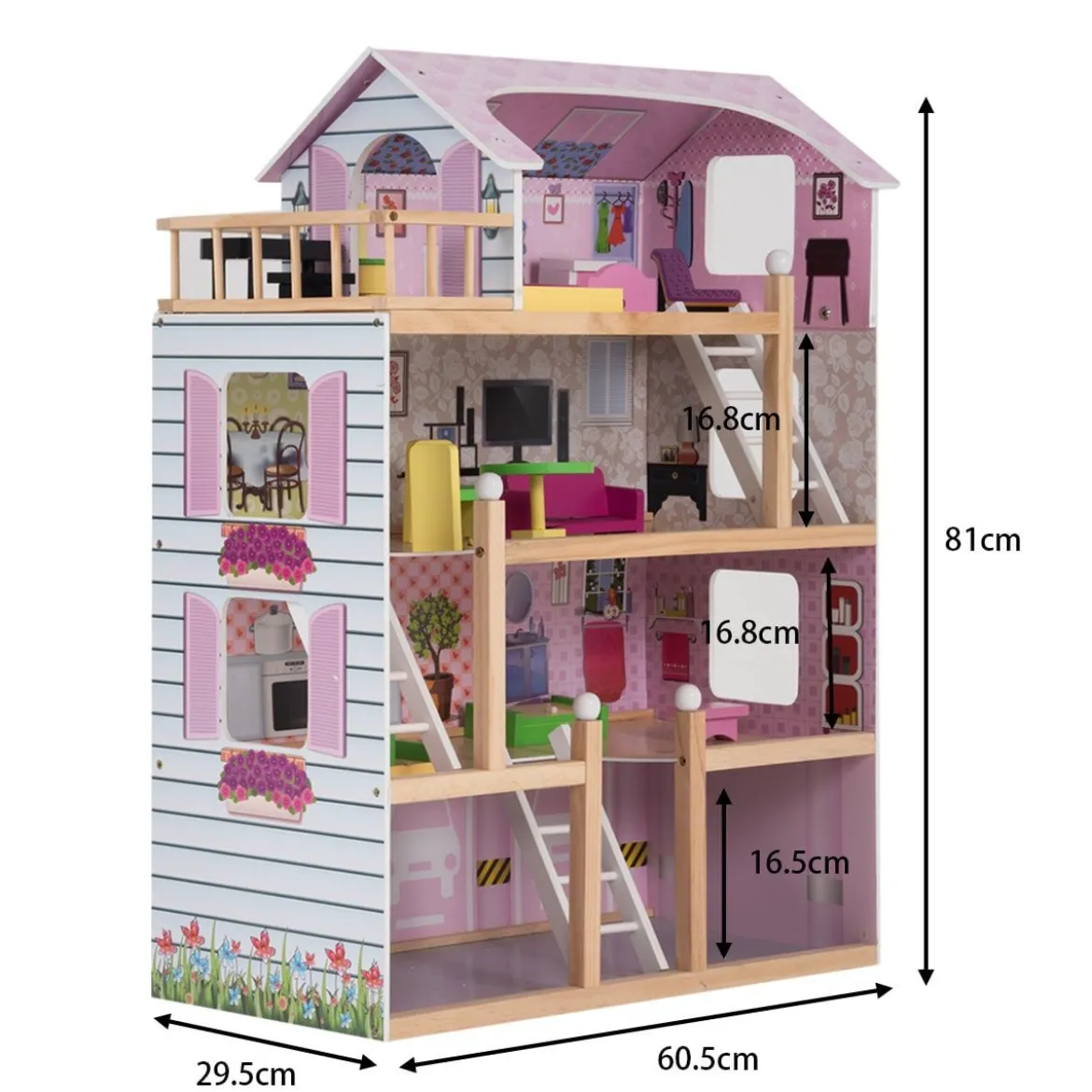 Puppenhaus 4 Etagen Puppenstube Barbie Haus mit Möbeln Holz 60,5 x 29.5 x 81 cm