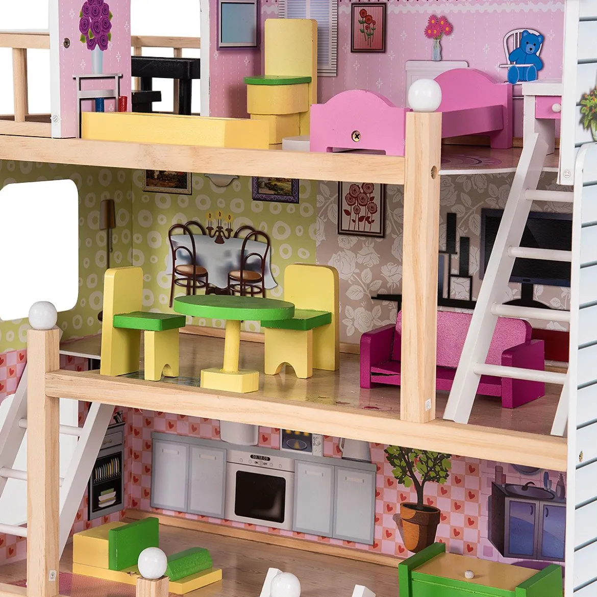 Puppenhaus 4 Etagen Puppenstube Barbie Haus mit Möbeln Holz 60,5 x 29.5 x 81 cm