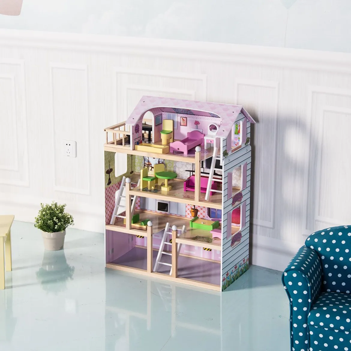 Puppenhaus 4 Etagen Puppenstube Barbie Haus mit Möbeln Holz 60,5 x 29.5 x 81 cm