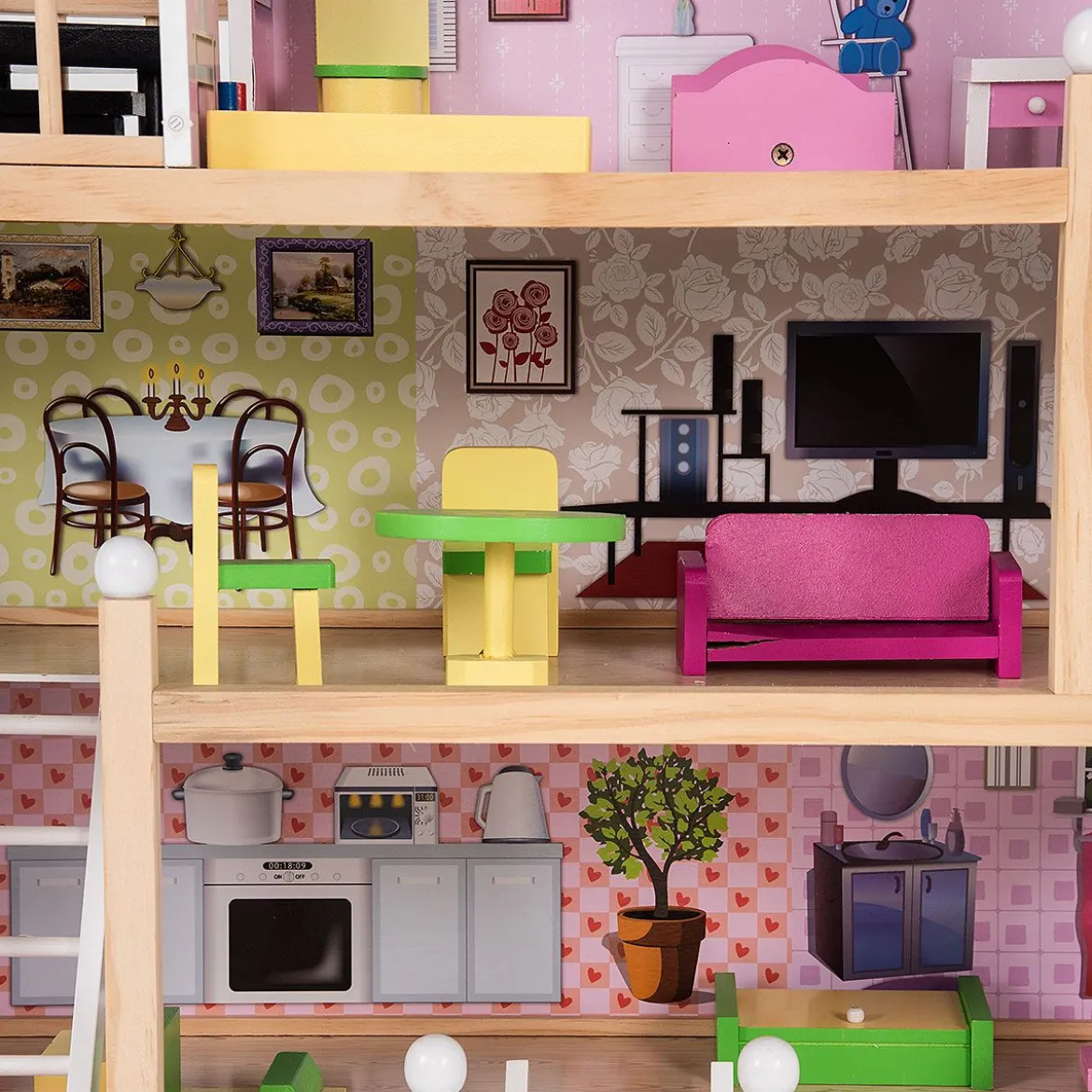 Puppenhaus 4 Etagen Puppenstube Barbie Haus mit Möbeln Holz 60,5 x 29.5 x 81 cm