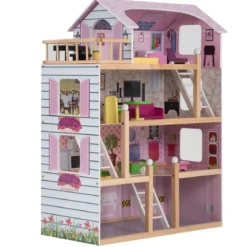 Puppenhaus 4 Etagen Puppenstube Barbie Haus mit Möbeln Holz 60,5 x 29.5 x 81 cm