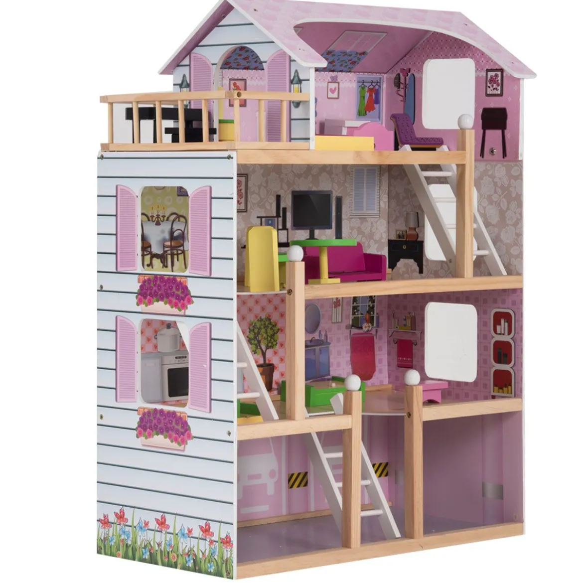Puppenhaus 4 Etagen Puppenstube Barbie Haus mit Möbeln Holz 60,5 x 29.5 x 81 cm