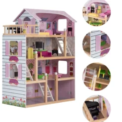 Puppenhaus 4 Etagen Puppenstube Barbie Haus mit Möbeln Holz 60,5 x 29.5 x 81 cm