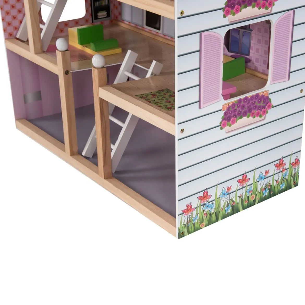 Puppenhaus 4 Etagen Puppenstube Barbie Haus mit Möbeln Holz 60,5 x 29.5 x 81 cm